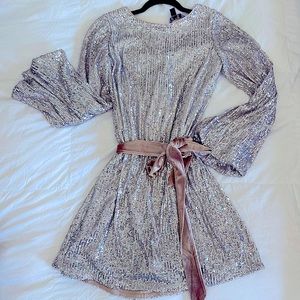 Silver sequin dress with velvet bow / sash